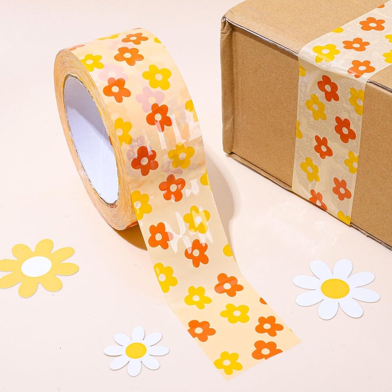 Whaline Boho Flower Packing Tapes Groovy Daisy Pattern Tapes Waterproof Floral Printed Packing Tapes Sticky Gift Wrapping Tapes for Small Business Box Cartons Sealing - Image 1